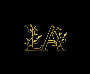 Golden letter L and A, LA vintage decorative ornament emblem badge, overlapping monogram logo, elegant luxury gold color on black background.