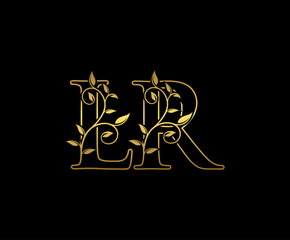 Golden letter L and R, LR vintage decorative ornament emblem badge, overlapping monogram logo, elegant luxury gold color on black background.