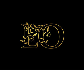 Golden letter L and O, LO vintage decorative ornament emblem badge, overlapping monogram logo, elegant luxury gold color on black background.