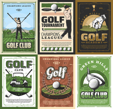 Retro golf club golfing sport equipment and player