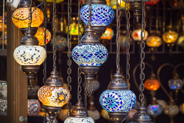 Fototapeta na wymiar Turkish lamps on display at Christmas market winter wonderland in London