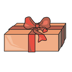 A orange gift box with red bow isolated on vector background. A single vector object for christmas, birthday and wedding