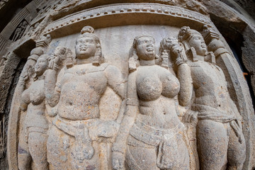 God budha hand made scriptures on walls in historic and centuries old kanheri caves in mumbai India