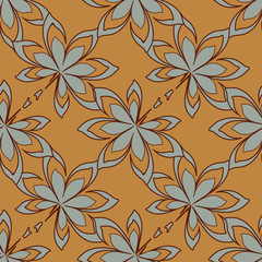 A seamless vector pattern with autumn leaves on a mustard background. Seasonal surface print design. Great or farbics, backgrounds and stationery.