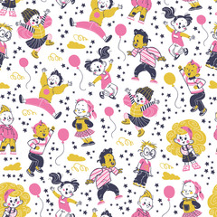 Seamless pattern design with hand drawn multiethnic happy kids smiling, jumping isolated. Kids zone banner, packaging paper, party card invitation, gift decor. Hand drawn style, vector illustration.