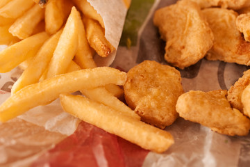 Homemade french fries and chicken nuggets