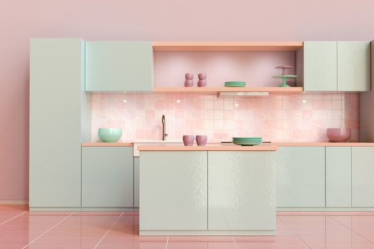 3D Rendering Of A Pastel Colored Modern Build-in Open Plan Kitchen With Kitchen Island