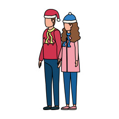 young lovers couple with christmas hat characters