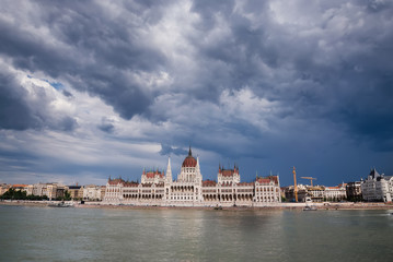 Budapest Parliament and Danube above Dramatic Sky