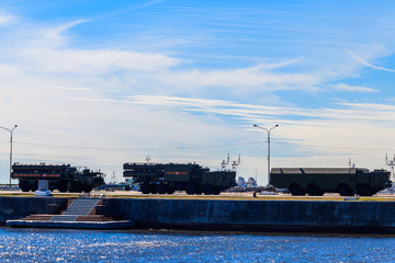 Military vehicles at a pier in Kronstadt, Russia