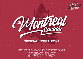 Montreal. Vector vintage illustration with script typeface. Font for creating posters, stickers and prints on clothe.