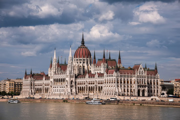 Budapest Parliament and Danube above Dramatic Sky