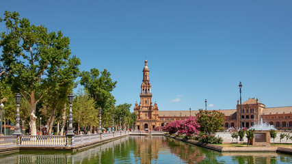 Plaza de Espana, Seville, Andalusia, Spain, view from the basis of the south tower towards the north tower, each of them finishing the largely renaissance building with a baroque touch