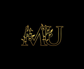 Golden letter M and U, MU vintage decorative ornament emblem badge, overlapping monogram logo, elegant luxury gold color on black background.