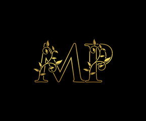 Golden letter M and P, MP vintage decorative ornament emblem badge, overlapping monogram logo, elegant luxury gold color on black background.