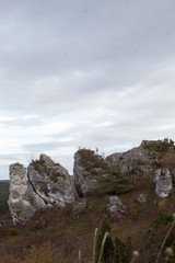 Vertical mountain landscape of limestone cliffs against a blue sky. The Zborow Massif in Central Poland on the Krakow-Czestochowa Upland