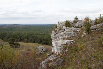Jurassic Krakow-Czestochowa Upland. Rocky limestone massif mountain landscape on a sunny day.