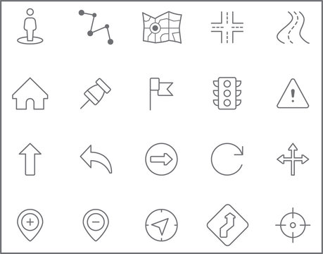 Set of road and navigation Icons line style. Included the icons as map, direction, road sign, road, route, direction sign, arrow and more. customize color, stroke width control , easy resize.