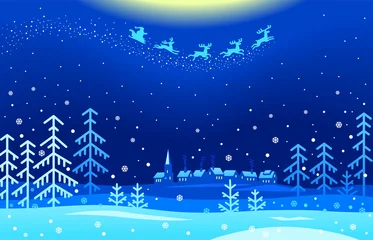 Fototapete Dunkelblau Eine Illustration des Weihnachtsmanns, der in der Weihnachtsnacht über eine verschneite Landschaft fliegt  © Abrams