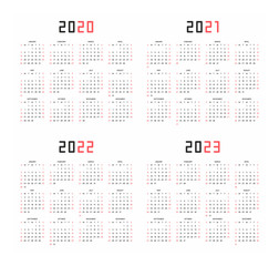 Calendar 2020, 2021, 2022, 2023. Isolated on White background