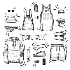 Hand drawn set of men's casual wear sketches: sport tank top, shorts, anorak jacket, shoes, socks, panama hat, backpack, watches, headphones and street food. Vector isolated outline © oksanase