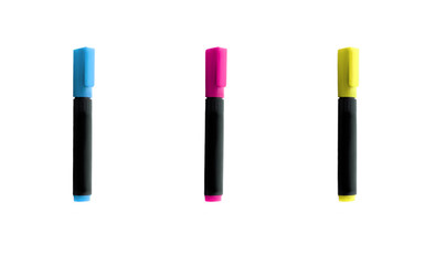 Set of color markers close up isolated on white background