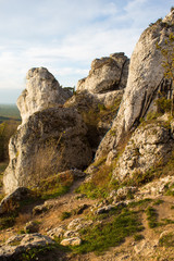 Fototapeta na wymiar Vertical mountain landscape of limestone cliffs against a blue sky. The Zborow Massif in Central Poland on the Krakow-Czestochowa Upland