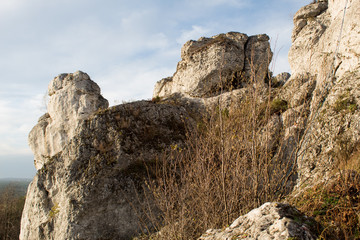 Jurassic Krakow-Czestochowa Upland. Rocky limestone massif mountain landscape on a sunny day.