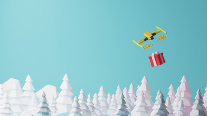 3D rendering,The yellow drone sends a gift box to the customer by flying over the forest. Colorful 3d rendering holiday christmas new year concept 