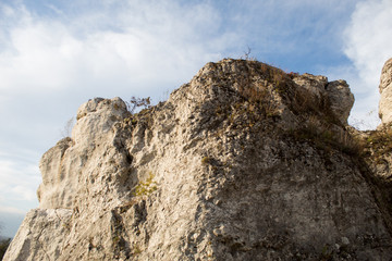 Jurassic Krakow-Czestochowa Upland. Rocky limestone massif mountain landscape on a sunny day.