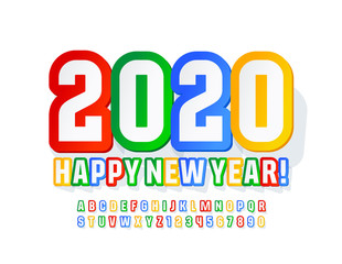 Vector colorful Greeting Card Happy New Year 2020. Bright Kids Font. Stylish Alphabet Letters and Symbols. 