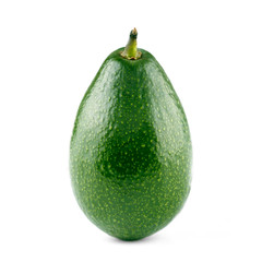 Whole green avocado upright isolated on white background front view