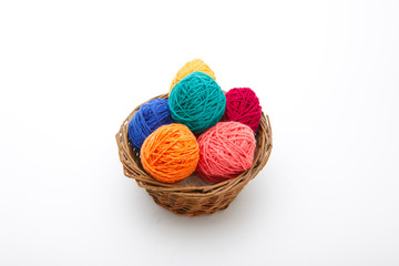 Colorful decorated easter eggs from wool yarn. Happy Easter.