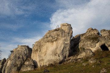 Jurassic Krakow-Czestochowa Upland. Rocky limestone massif mountain landscape on a sunny day.