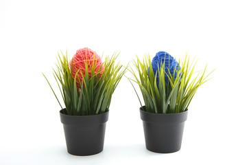 Colorful decorated easter eggs from wool yarn. Happy Easter.