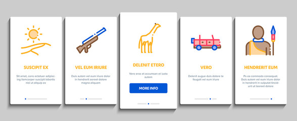 Fototapeta premium Safari Travel Onboarding Mobile App Page Screen Vector Thin Line. Animal And Africa, Car And Tree, Human Silhouette And Hat Safari Adventure Concept Linear Pictograms. Contour Illustrations