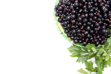 Black currant on a plate ms green leaves. Background. Photo.
