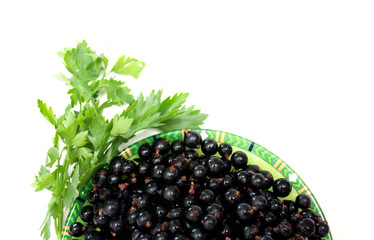 Black currant on a plate ms green leaves. Background. Photo.