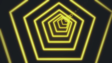 Bright white lines are crossing and forming neon pentagon tunnel on black background. Geometric motion background of narrow neon crossed stripes. 3D rendering 4k video.