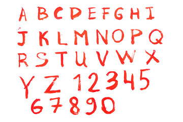 Red color alphabet characters made by gouache paint isolated on white background.