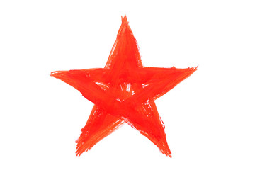Red paint star made by gouache isolated on white background.