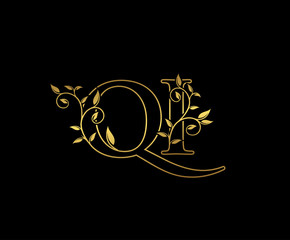 Gold letter Q and I, QI vintage decorative ornament emblem badge, overlapping monogram logo, elegant luxury gold color on black background.