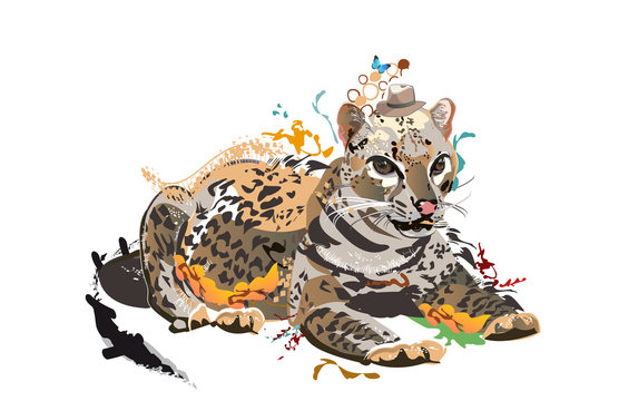  Illustration with leopard character of  for  t shirt design decorated with colorful splashes. Hand drawn vector illustration.