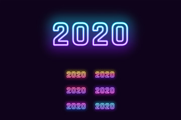 Neon number 2020, New Year digits in different Gradient colors. Set of glowing date 2020 in Neon
