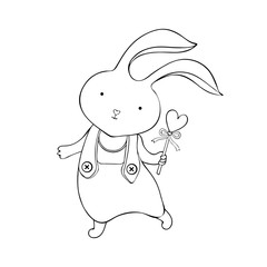 Cute cartoon bunny in vector. Little rabbit boy. Vintage hand drawn. Kawaii funny animal. Happy character. Card for Easter, holiday, birthday. Black and white art line. Children s coloring.