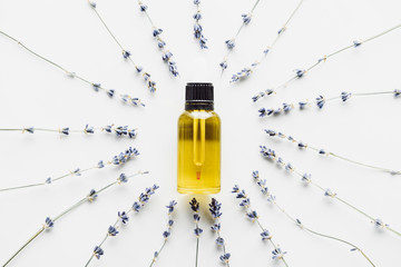 top view of bottle with natural oil in frame of dry lavender twigs with flowers on white background