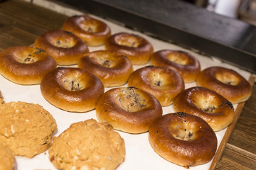 freshly red bean bread on wooden board