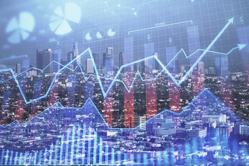 Forex chart on cityscape with skyscrapers wallpaper double exposure. Financial research concept.