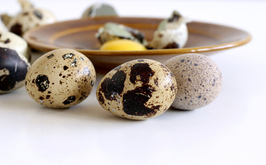 Isolated quail eggs on white background. Food concept.Quail eggs are smaller than chicken, yet they...