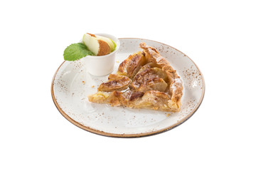 Apple cake on white plate isolated on white background
